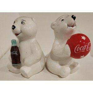 Coca Cola Salt & Pepper Shakers Set‎ of two Polar Bears 3.75" tall VINTAGE Soda
